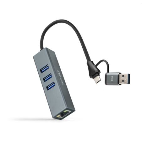 Adaptateur réseau Nanocable USB-C + USB-A/M 3.0 vers Gigabit Ethernet 10/100/1000 Mbps + Hub 3x USB-A 3.0 - 15 cm - Gris