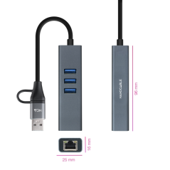 Adaptateur réseau Nanocable USB-C + USB-A/M 3.0 vers Gigabit Ethernet 10/100/1000 Mbps + Hub 3x USB-A 3.0 - 15 cm - Gris