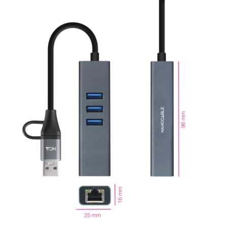 Adaptateur réseau Nanocable USB-C + USB-A/M 3.0 vers Gigabit Ethernet 10/100/1000 Mbps + Hub 3x USB-A 3.0 - 15 cm - Gris