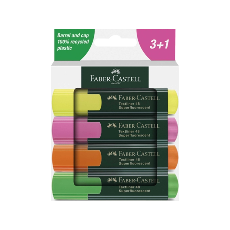 Lot de 4 marqueurs fluorescents Faber-Castell Textliner 48 - Pointe biseautée - Tailles de trait entre 1,2 mm et 5 mm - Encre à