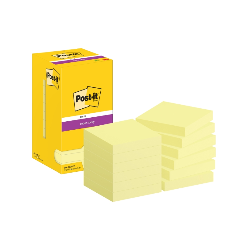 Post-It Super Sticky Pack de 12 blocs de 90 notes autocollantes repositionnables - 76 x 76 mm - Emballage carton - Jaune clair