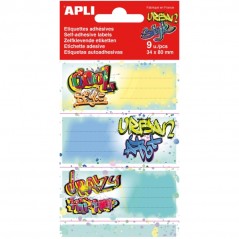 ✅ Apli Pack de 9 Etiquettes Scolaires Modèle Graffiti - Taille 81x36 mm - Adhésif Permanent - Idéal pour marq en stock