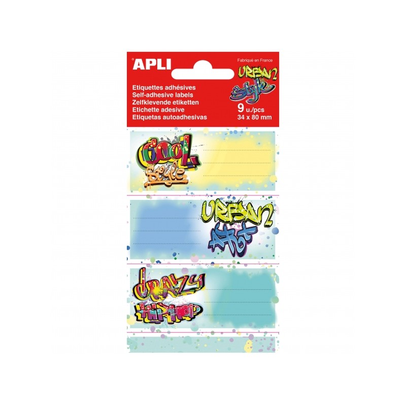 Apli Pack de 9 Etiquettes Scolaires Modèle Graffiti - Taille 81x36 mm - Adhésif Permanent - Idéal pour marquer et identifier