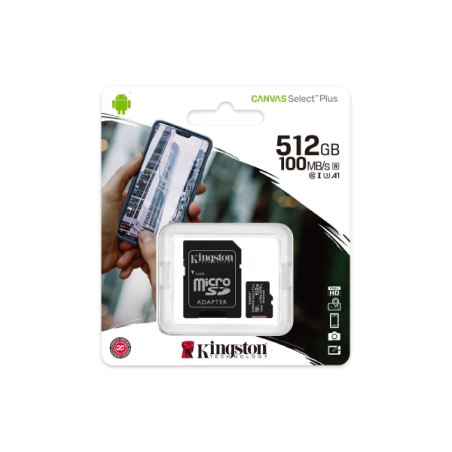 Carte microSDXC Kingston 512 Go Classe 10 100 Mo/s Canvas Select Plus + adaptateur SD