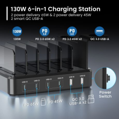 Station de charge Ewent EW1335 - 2 ports USB-A et 4 ports USB-C - 130 W PD3.0 - 7 répartiteurs amovibles - Protection contre