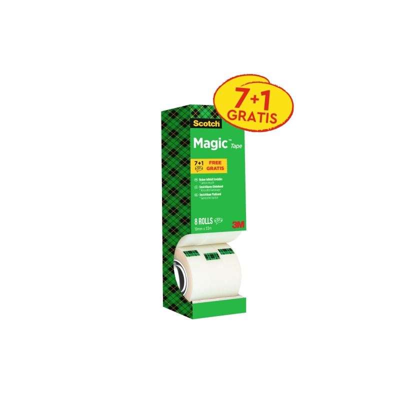 Ruban adhésif invisible Scotch Magic - Lot économique de 8 rouleaux de 19 mm x 33 m - Couleur transparente