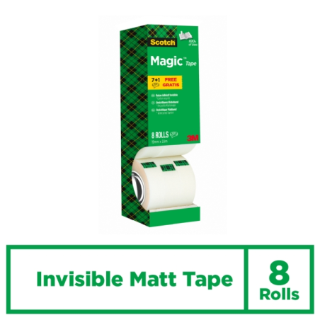 Ruban adhésif invisible Scotch Magic - Lot économique de 8 rouleaux de 19 mm x 33 m - Couleur transparente