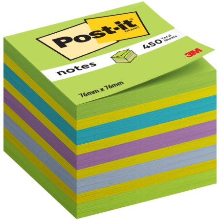 Cube Post-It de 450 notes autocollantes repositionnables - Forme carrée - 76 x 76 mm - Couleurs assorties