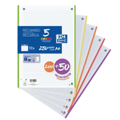 LOT de 10 Oxford School Pack de 5 Recharges A4 - Promotion 5x5 - 200+50 Feuilles - Couleurs Assorties