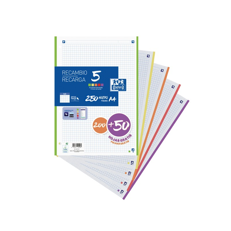 LOT de 10 Oxford School Pack de 5 Recharges A4 - Promotion 5x5 - 200+50 Feuilles - Couleurs Assorties