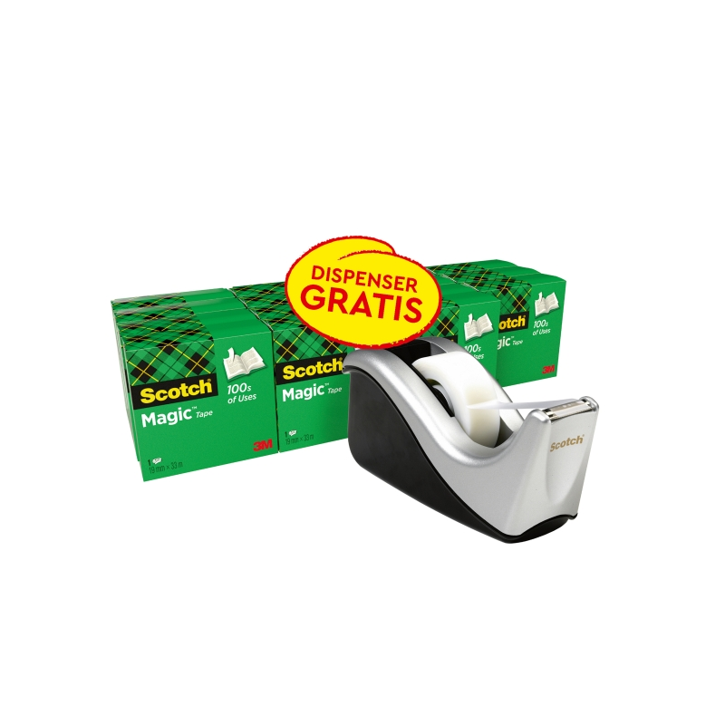 Lot de 16 rubans adhésifs Scotch Magic - 19 mm x 33 m - Promotion avec distributeur gratuit - Noir/Gris