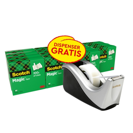 Lot de 16 rubans adhésifs Scotch Magic - 19 mm x 33 m - Promotion avec distributeur gratuit - Noir/Gris