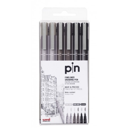 ✅ Uni-ball PIN-200(S) Lot de 6 marqueurs calibrés - Pointe polyacétal - Encre pigmentée résistante à l'eau en stock