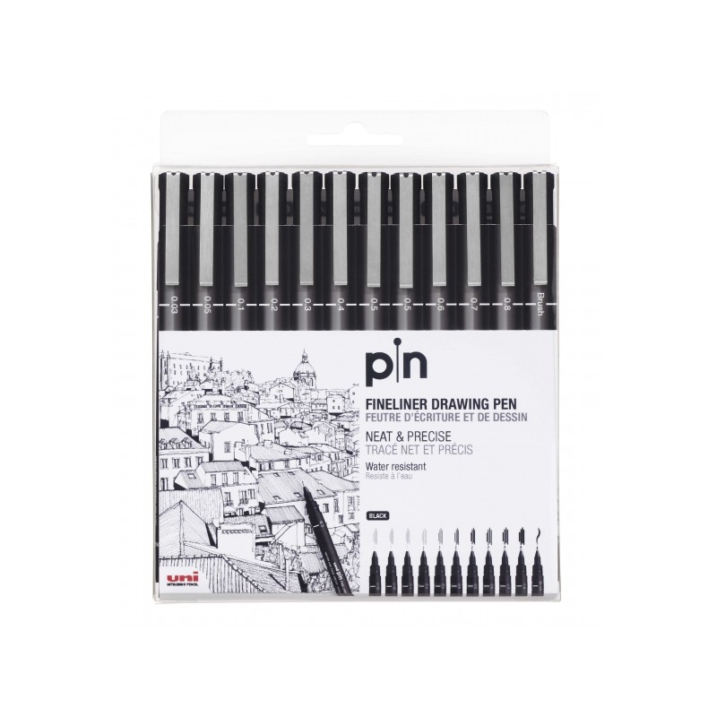 Uni-ball PIN-200(S) Pack de 12 Marqueurs Calibrés - Pointe Polyacétal - Encre Pigmentée Résistante à l'Eau et à la Lumière