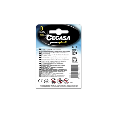 Pack de 2 piles R20 D Cegasa Power Plus 2 - Piles salines pour appareils basse consommation