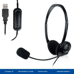 Casque stéréo USB Ewent - Microphone intégré - Câble de 2,1 m - Noir