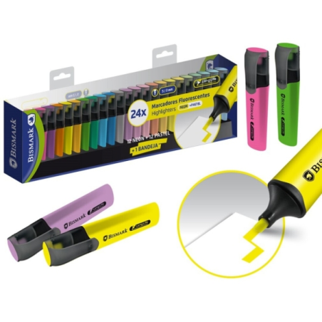 Lot de 24 marqueurs fluorescents Bismark - Pointe biseautée 2 - 5 mm environ - Encre à base d'eau - Longue durée - Couleurs