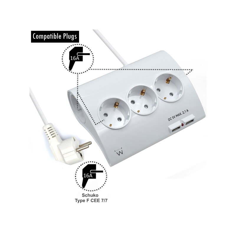Multiprise Ewent - 5 prises - Version Schuko - 16 A - 2 ports USB - Câble 1,5 m - Blanc