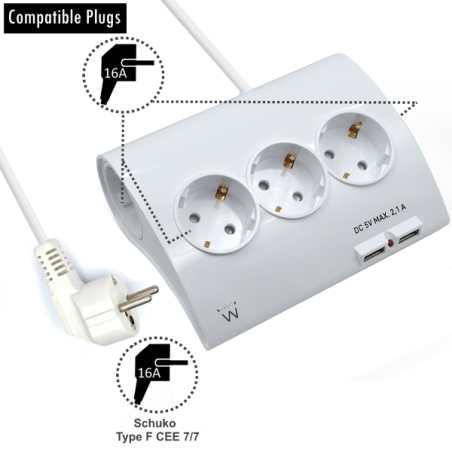 Multiprise Ewent - 5 prises - Version Schuko - 16 A - 2 ports USB - Câble 1,5 m - Blanc