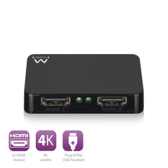 Duplicateur HDMI Ewent 1x2 - Résolution 4K à 30 Hz - Câble d'alimentation de 80 cm inclus - Indicateur LED - Noir