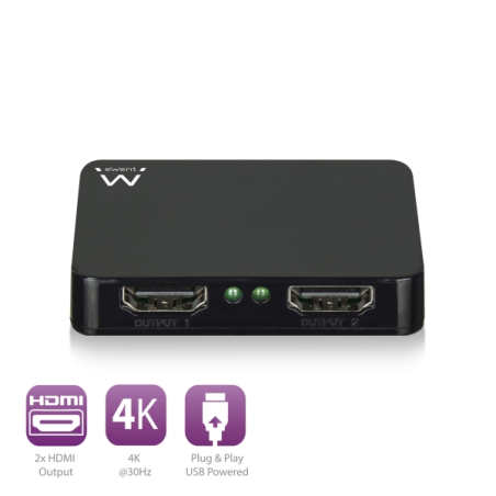 Duplicateur HDMI Ewent 1x2 - Résolution 4K à 30 Hz - Câble d'alimentation de 80 cm inclus - Indicateur LED - Noir