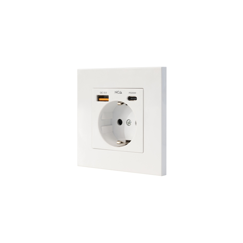 Rosace pour prise murale encastrée Nanocable - Type Schuko - 1 port USB-A QC 3.0, 1 port USB-C PD - 3,4 A - Blanc