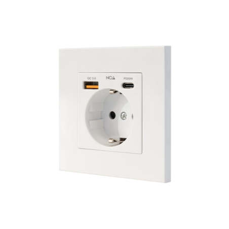 Rosace pour prise murale encastrée Nanocable - Type Schuko - 1 port USB-A QC 3.0, 1 port USB-C PD - 3,4 A - Blanc
