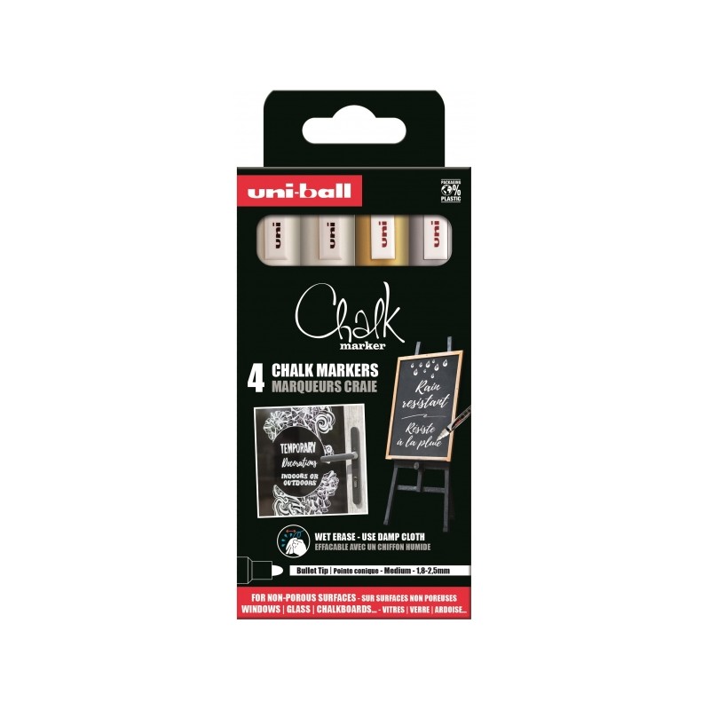 Uni-ball PWE-5M Lot de 4 marqueurs à craie liquide - Pointe conique 1,8-2,5 mm - Effaçable à l'eau - Résistant à la pluie et à