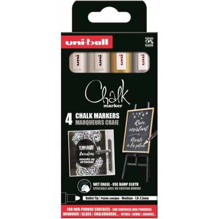 ✅ Uni-ball PWE-5M Lot de 4 marqueurs à craie liquide - Pointe conique 1,8-2,5 mm - Effaçable à l'eau - Résis en stock