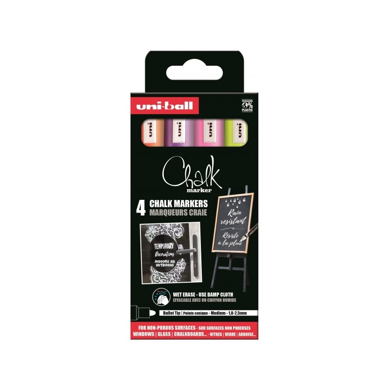 Uni-ball PWE-5M Lot de 4 marqueurs à craie liquide - Pointe conique 1,8-2,5 mm - Effaçable à l'eau - Résistant à la pluie