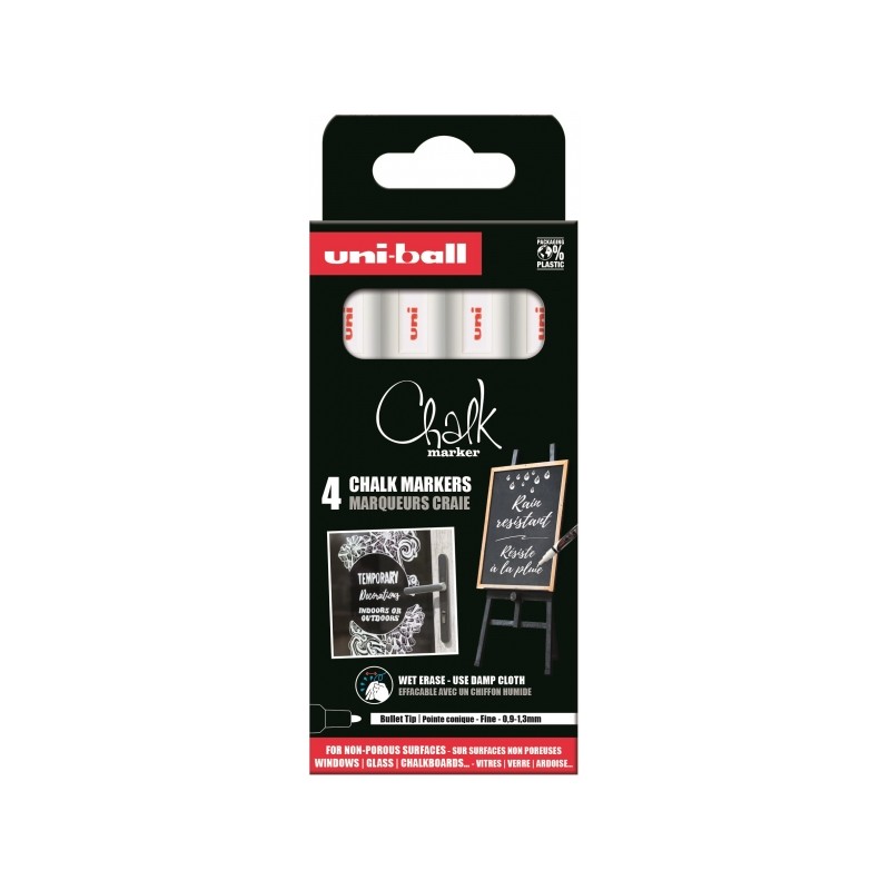 Uni-ball PWE 5M Pack de 4 marqueurs à craie liquide - Pointe conique 1,8-2,5 mm - Effaçable à l'eau - Résistant à la pluie et à
