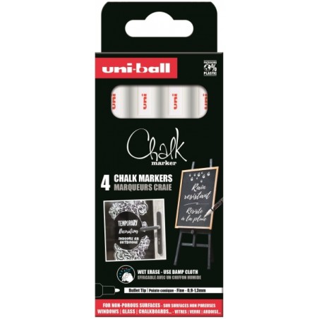 ✅ Uni-ball PWE 5M Pack de 4 marqueurs à craie liquide - Pointe conique 1,8-2,5 mm - Effaçable à l'eau - Rési en stock