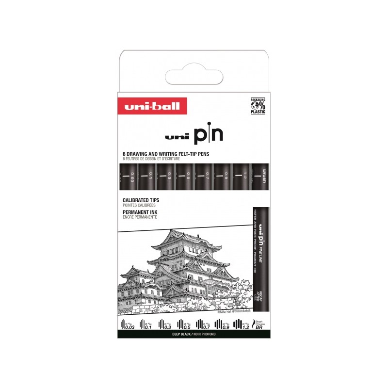 Uni-ball PIN Boîte de Marqueurs Calibrés Classic I - Pointe Polyacétal - Encre Pigmentée Résistante à l'Eau et à la Lumière