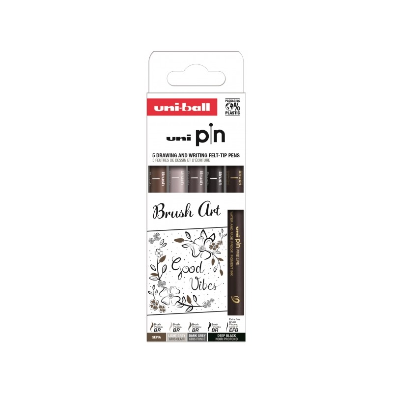 Uni-ball PIN Pack de 5 Feutres Pinceaux Calibrés - Pointe Polyacétal - Encre Pigmentée Résistante à l'Eau et à la Lumière