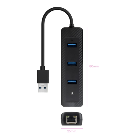 Adaptateur réseau Nanocable USB 3.0 vers Gigabit Ethernet 10/100/1000 Mbps - Hub 3xUSB-A 3.0 - 15 cm - Noir