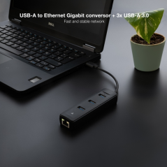 Adaptateur réseau Nanocable USB 3.0 vers Gigabit Ethernet 10/100/1000 Mbps - Hub 3xUSB-A 3.0 - 15 cm - Noir