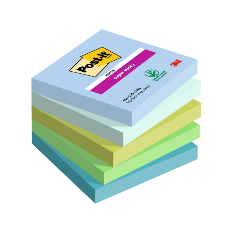 Post-It Super Sticky Pack de 5 blocs de 90 notes autocollantes repositionnables - Forme carrée - 76 x 76 mm - Couleurs assorties