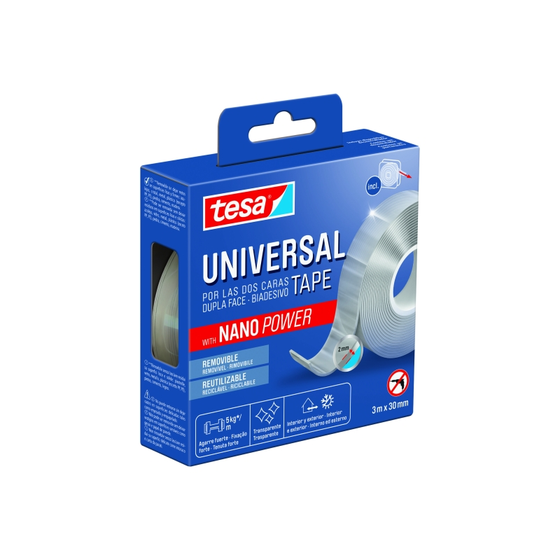 Ruban adhésif double face universel Tesa Nano Power 30 mm x 3 mètres - Usage intensif - Retrait sans résidus - Réutilisable