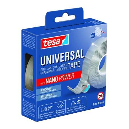 Ruban adhésif double face universel Tesa Nano Power 30 mm x 3 mètres - Usage intensif - Retrait sans résidus - Réutilisable