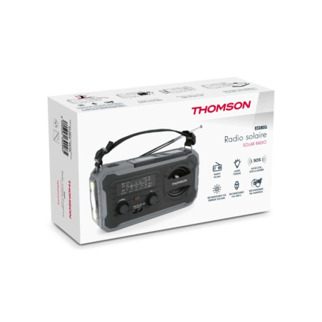 Radio solaire portable Thomson SOS - AM/FM - Batterie 8000 mAh - Lampe torche d'urgence - 3 modes de charge - Fonction