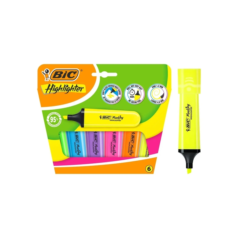 Lot de 6 surligneurs fluorescents Bic Marking Marking - Pointe biseautée - Largeur de trait : 1,20 à 4,60 mm - Encre à base