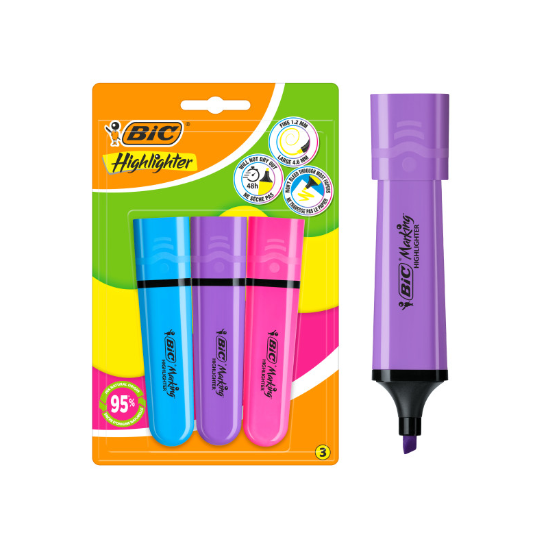 Lot de 3 surligneurs fluorescents Bic Marking Marking - Pointe biseautée - Largeur de trait : 1,20 à 4,60 mm - Encre à base