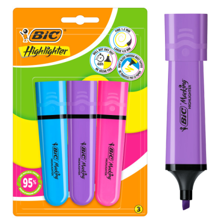 Lot de 3 surligneurs fluorescents Bic Marking Marking - Pointe biseautée - Largeur de trait : 1,20 à 4,60 mm - Encre à base