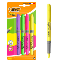 Lot de 4 surligneurs fluorescents Bic à pointe biseautée - Largeur de trait de 1,60 à 3,30 mm - Prise en main texturée