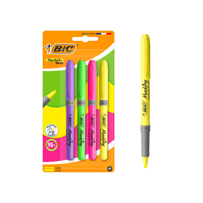 Lot de 4 surligneurs fluorescents Bic à pointe biseautée - Largeur de trait de 1,60 à 3,30 mm - Prise en main texturée