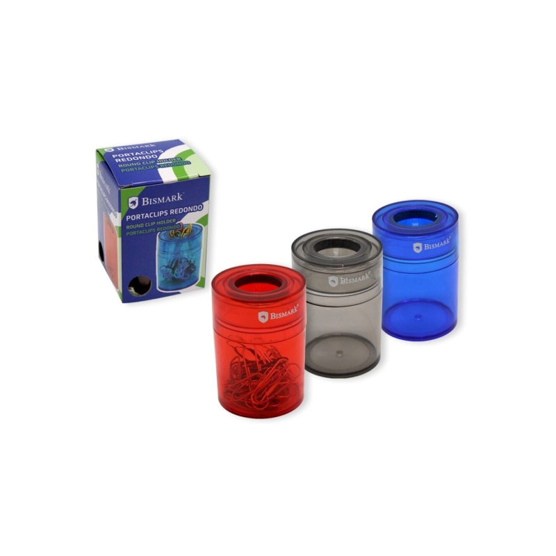 Porte-clips Bismark en plastique avec réservoir transparent - 45 x 45 x 65 mm - Ouverture magnétique - Couleurs assorties