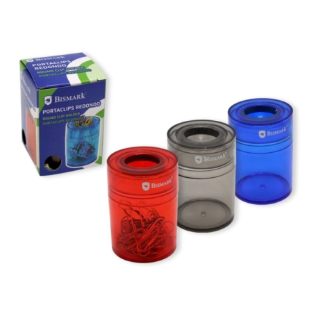 Porte-clips Bismark en plastique avec réservoir transparent - 45 x 45 x 65 mm - Ouverture magnétique - Couleurs assorties