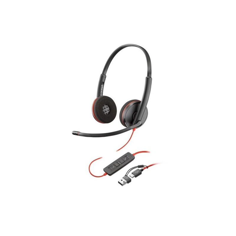 Casque USB-C Plantronics/Poly Blackwire 3220 avec microphone - Coussinets rembourrés - Commandes intégrées - Adaptateur USB-A