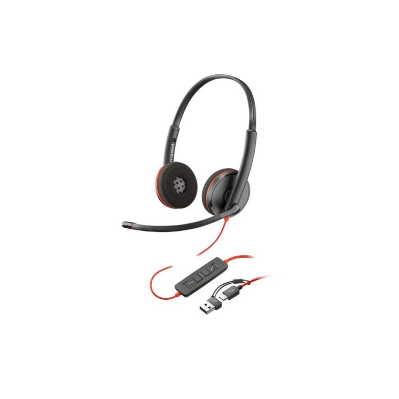 Casque USB-C Plantronics/Poly Blackwire 3220 avec microphone - Coussinets rembourrés - Commandes intégrées - Adaptateur USB-A