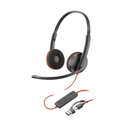 Casque USB-C Plantronics/Poly Blackwire 3220 avec microphone - Coussinets rembourrés - Commandes intégrées - Adaptateur USB-A
